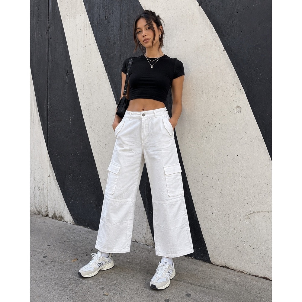 Roxy Chloe Kim Collab White Wide Leg Cargo Pants XL Y2K Utility Streetwear